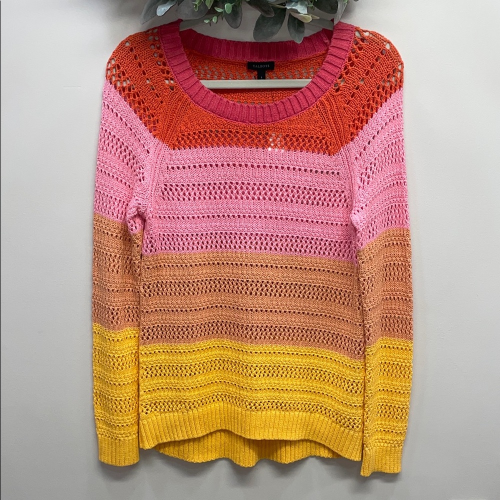 NWT Talbots Open Stitch Knit Cotton Long Sleeve Crewneck Sweater Colorblock S